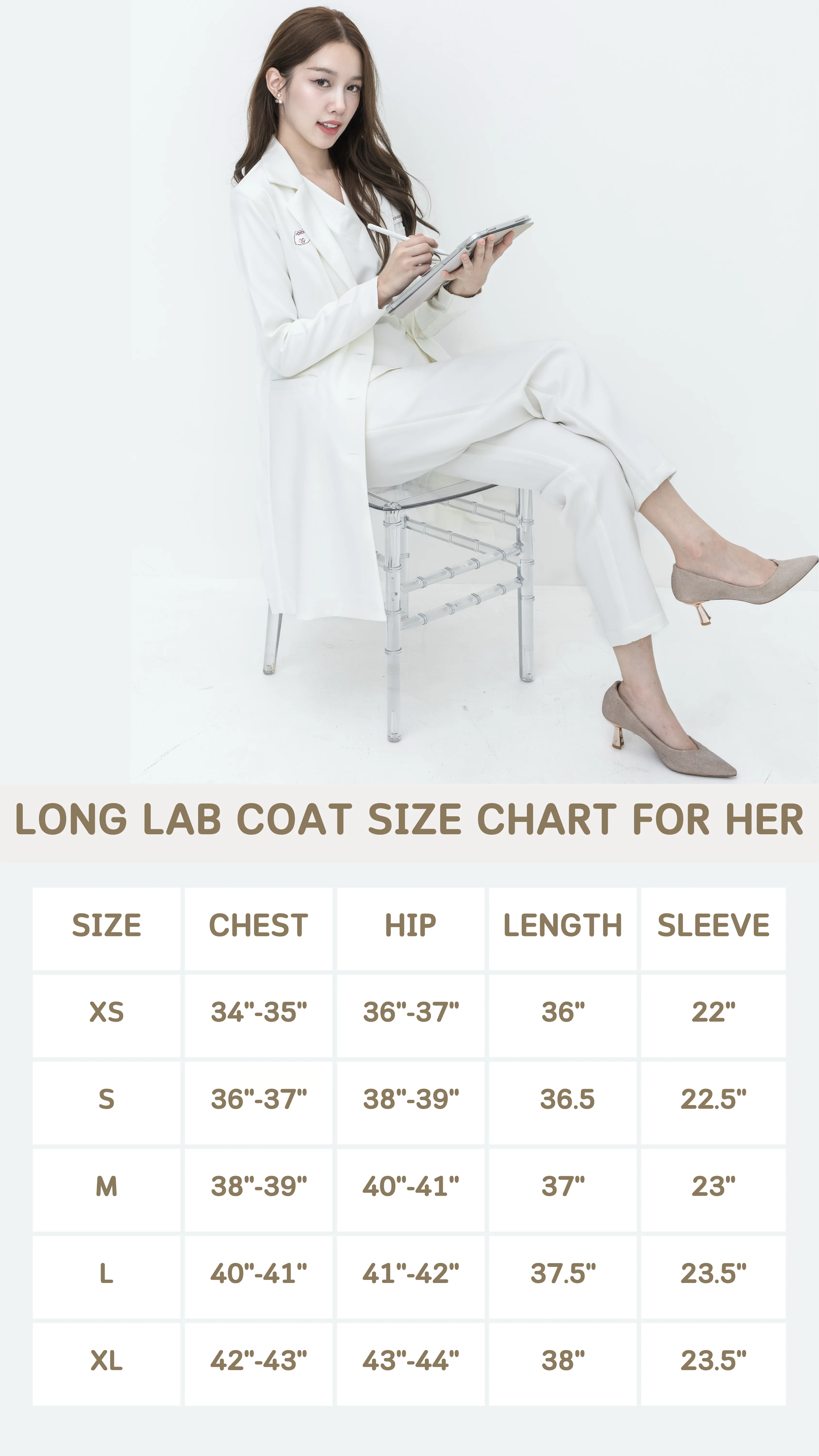 Long Lab Coat for Her size chart — For Her