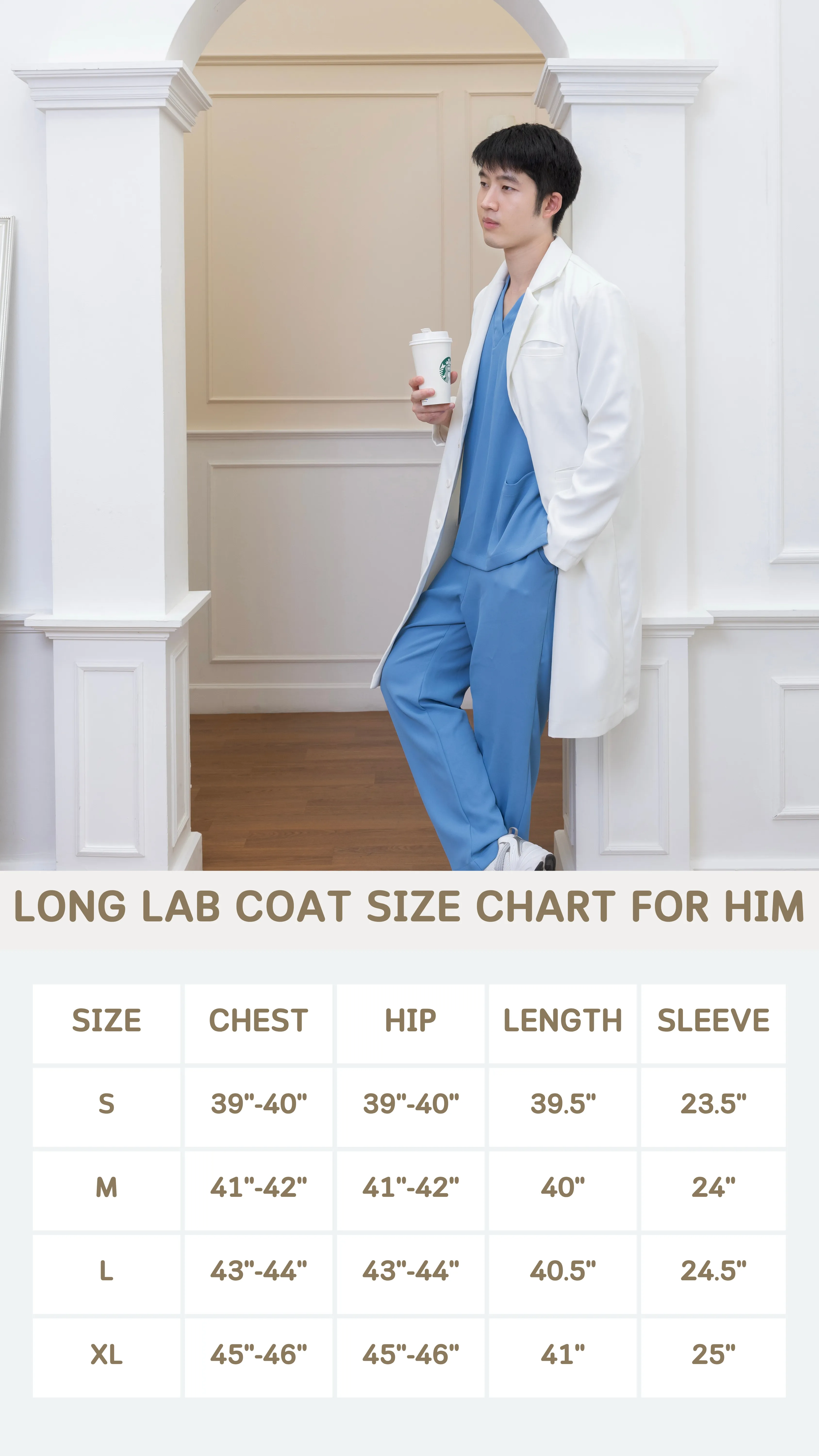 Long Lab Coat for Him size chart — For Him