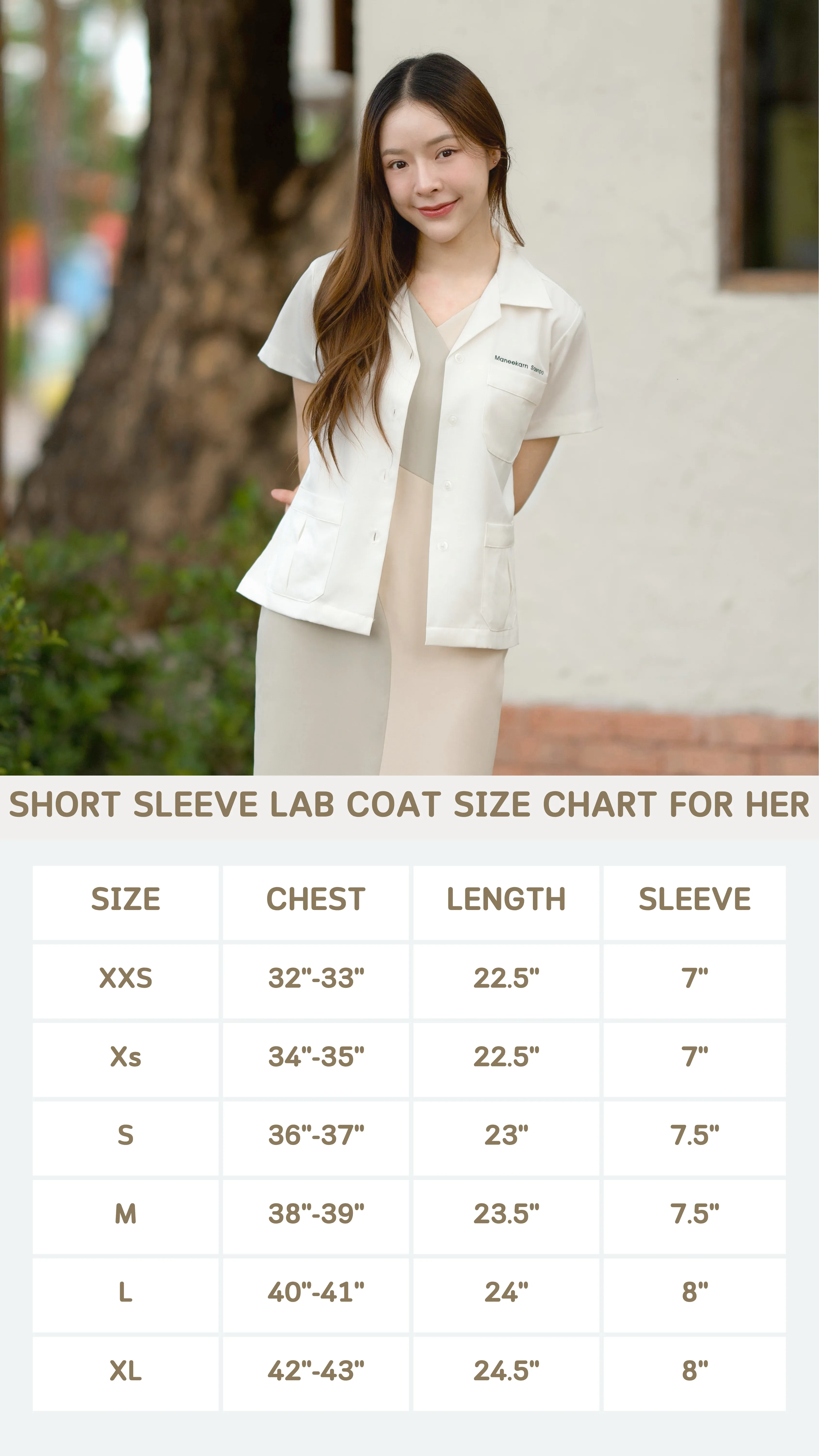 Short Sleeve Lab Coat for Her size chart — For Her